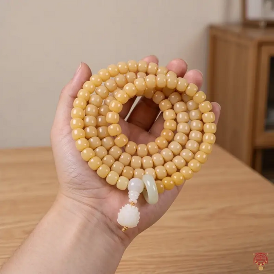 Yellow White Jade Bodhi 108 Barrel Bead Mala | Carved Lotus & Peace Disc