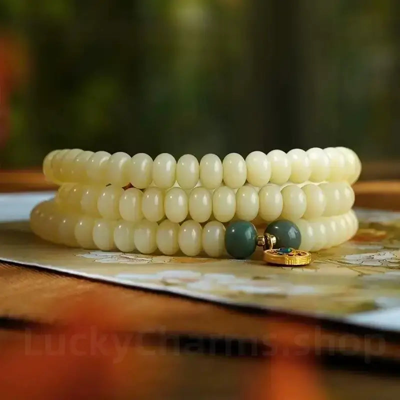 Natural White Jade Bodhi 108-Bead Golden Wheel Multi-Strand Bracelet for Wisdom-LuckyCharms.Shop