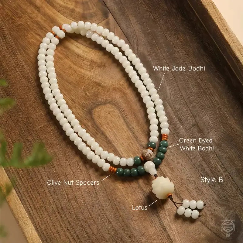 Sacred Lotus White Bodhi Seed 108 Mala - Shoushan Stone Accent