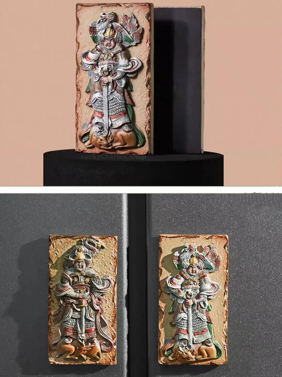 Pair of ancient Chinese warrior guard relief resin fridge magnets showing front design and back magnetic backing.