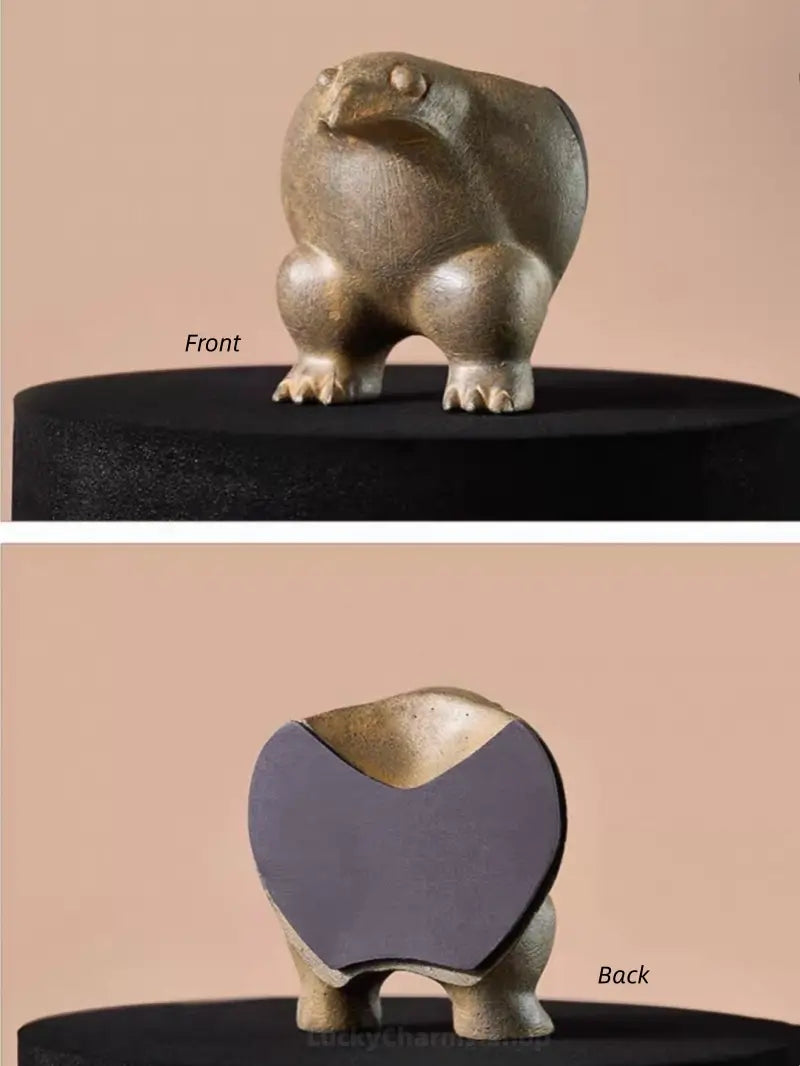 Front and back view of a 3D resin owl-shaped bronze zun vessel museum relic fridge magnet.