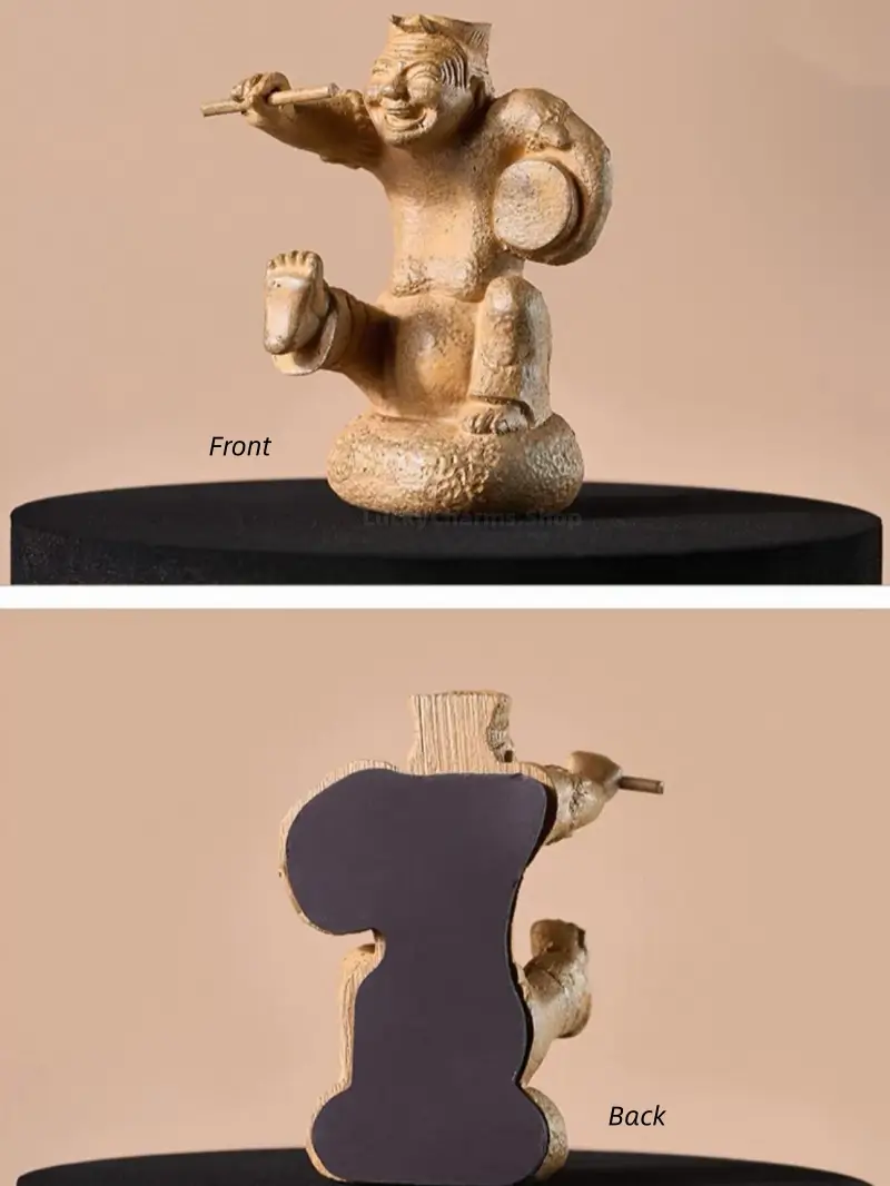 Front and back view of a 3D resin ancient Chinese storytelling drummer figurine fridge magnet.