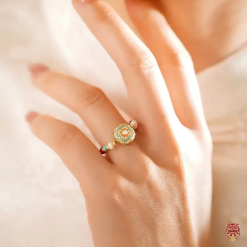 Dunhuang Academy Enamel & Imitation Turquoise Beaded Elastic Ring