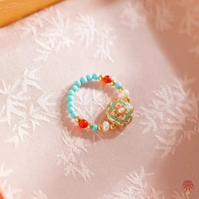 Dunhuang Academy Enamel & Imitation Turquoise Beaded Elastic Ring
