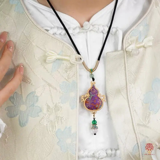 Dunhuang Heritage Gourd Necklace - Silk Brocade & Glass Pendant