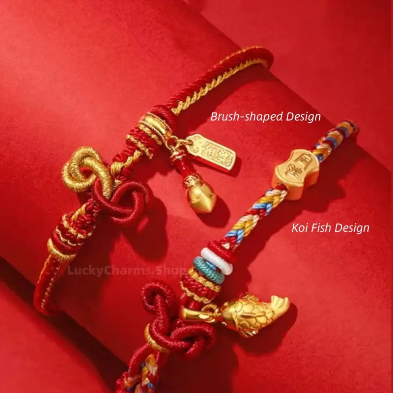 Close-up of brush-shaped and koi fish hand-woven lucky red cord bracelets for academic success.