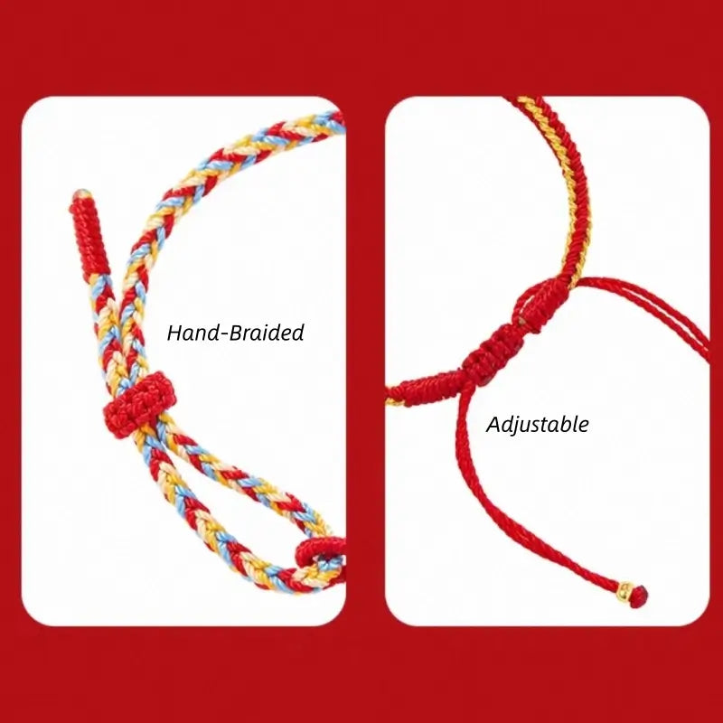 Two-panel close-up showing hand-braided colorful thread texture and adjustable knot clasp detail.