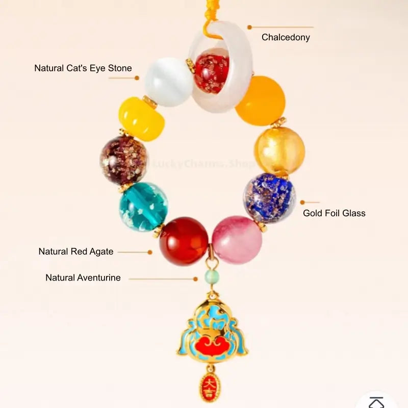 Diagram highlighting gold foil glass, red agate, cat's eye stone, and chalcedony on colorful phone chain.