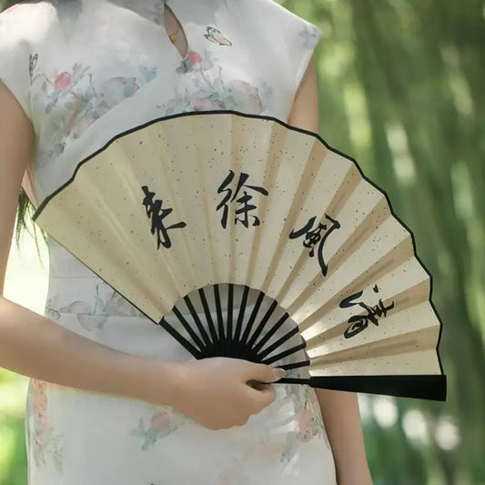Palace Double-Sided Silk Folding Fan with Polished Bamboo Ribs