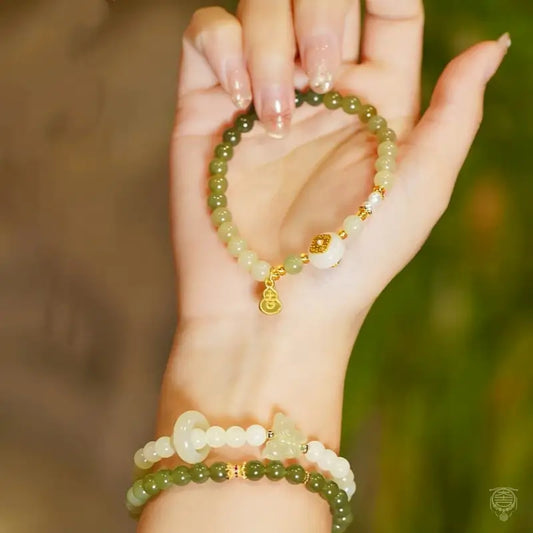 Palace Celadon Nephrite Jade Bracelet with Gourd & Butterfly Charms