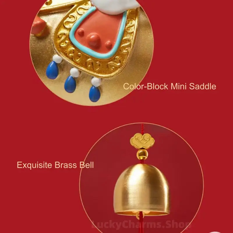 Detailed views highlighting color-block mini saddle craftsmanship and polished brass bell charm.