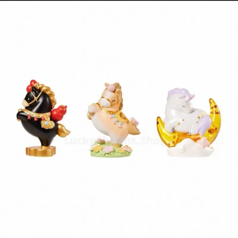 Three Palace Museum Little Fortune Horse figurines in black, beige, and sleeping white variants.