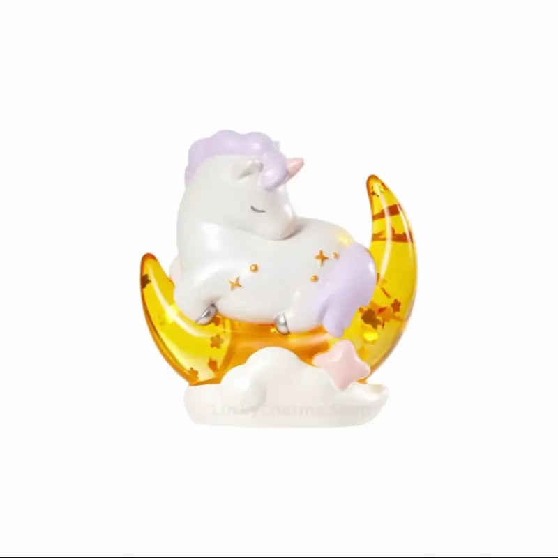 White Palace Museum Little Fortune Horse figurine sleeping on yellow crescent moon on white background.