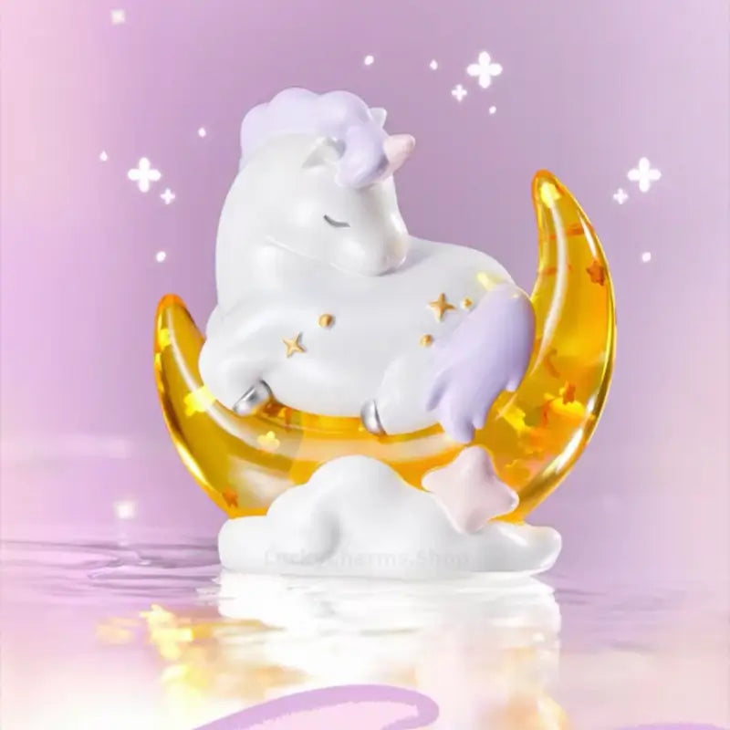 White Palace Museum sleeping horse figurine resting on a glowing yellow crescent moon with clouds.