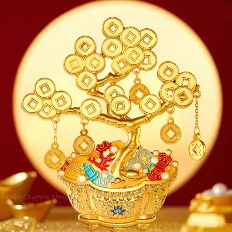 Front view of Palace Museum gold money tree magnetic fridge magnet with dangling fortune coins.