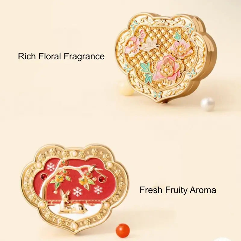 Palace Museum Ruyi solid perfumes showing rich floral fragrance compact and fresh fruity aroma compact.