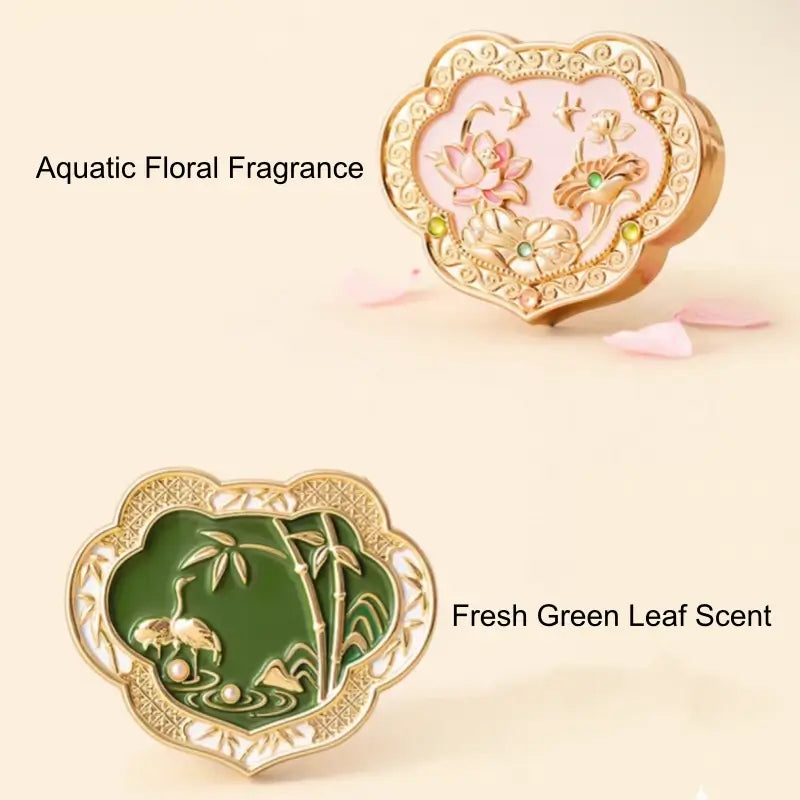 Palace Museum solid perfume compacts featuring aquatic floral lotus scent and fresh green leaf crane scent.