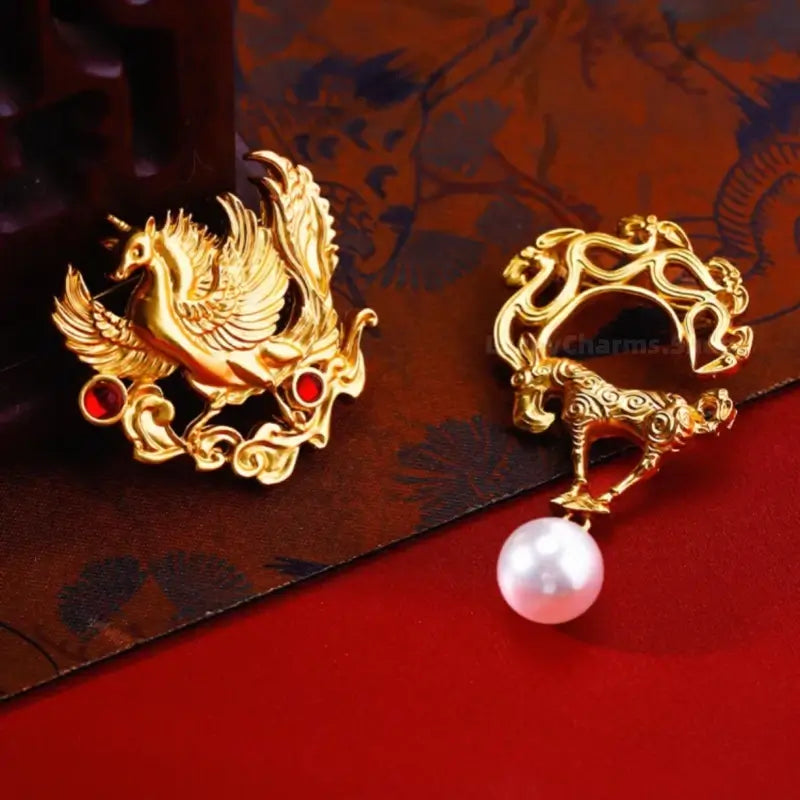 Gold-plated phoenix and deer pearl brooches inspired by Shaanxi Museum cultural relics.