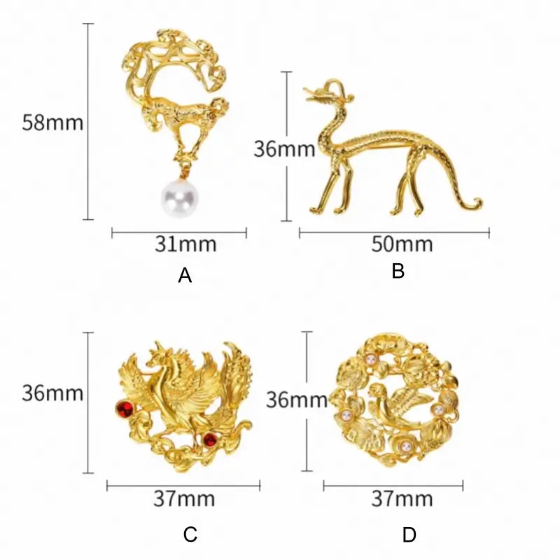 Size dimensions diagram for Shaanxi History Museum gold-plated brooch styles A B C D.