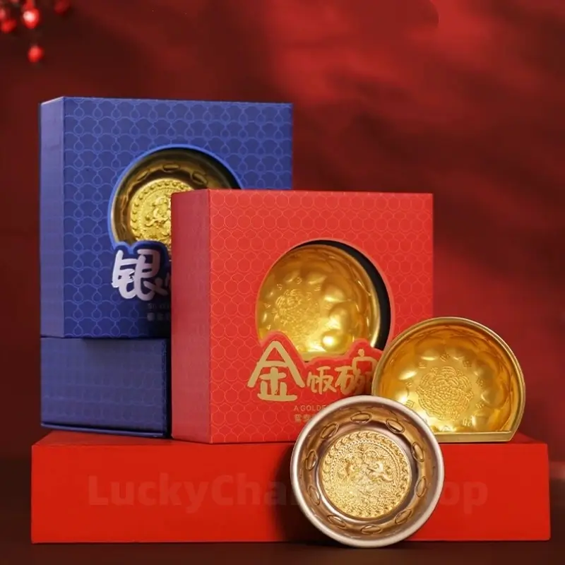 Gold and silver Chinese historical bowl fridge magnets displayed with red and blue decorative packaging.