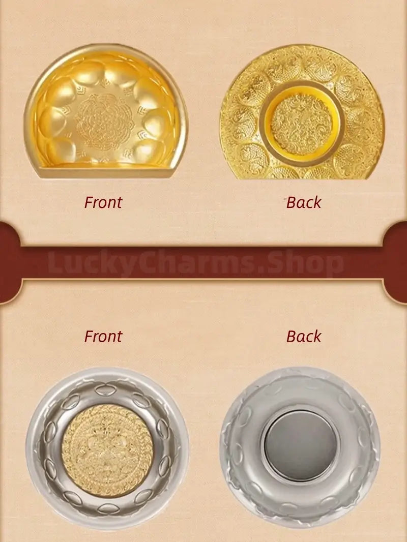 Front and back comparison diagram of gold and silver bowl fridge magnets showing strong back magnet.