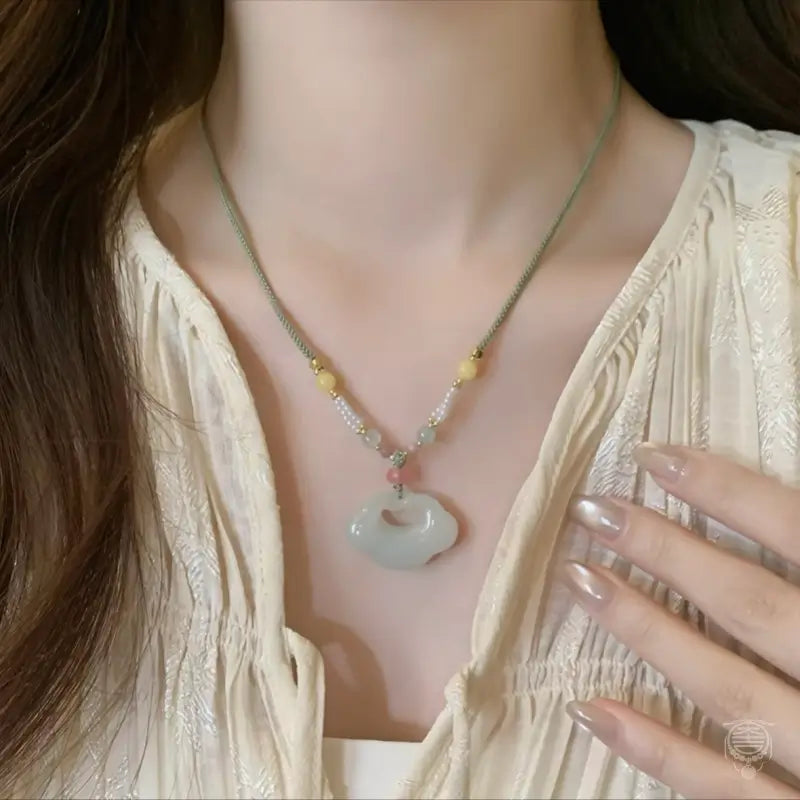 Auspicious Cloud Lock Pendant Necklace - Natural Chalcedony & Agate