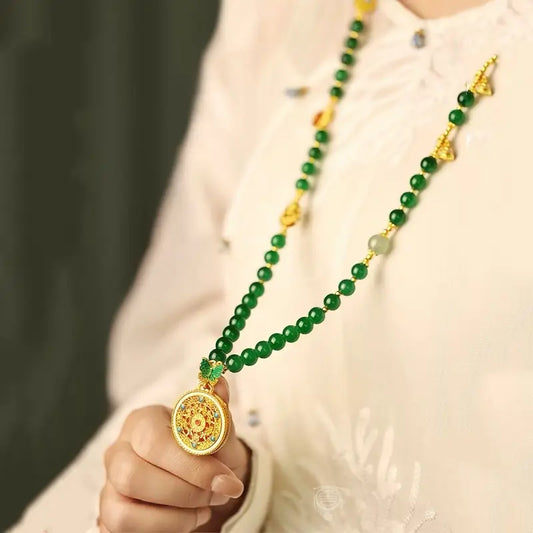 Eight Treasures Compass Pendant Necklace - Jade-Green Bead Long Strand