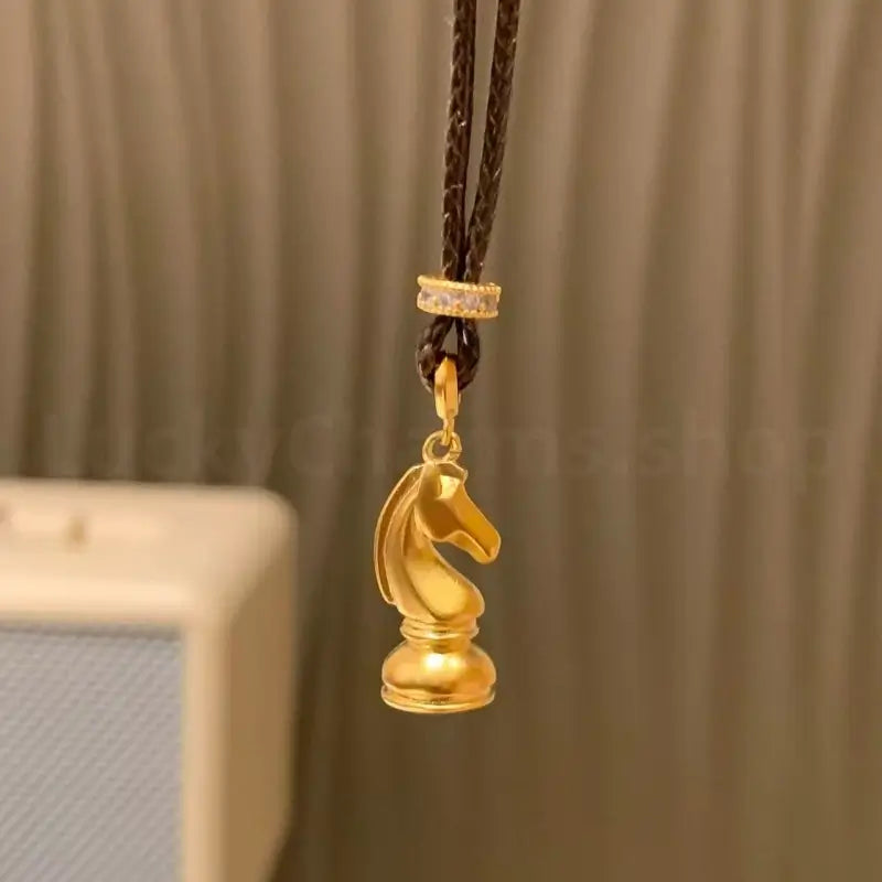 Neo-Chinese Gold-Plated Chess Horse Pendant Wisdom Braided Necklace-LuckyCharms.Shop