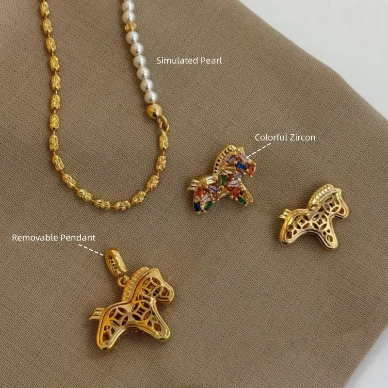 Diagram showing simulated pearl chain, removable horse pendant, and colorful zircon stud earrings.
