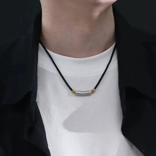 999 Fine Silver Six-Syllable Mantra Curved Tube Lu Lu Tong Men's Necklace | Black Gold Braided Rope, Adjustable Length