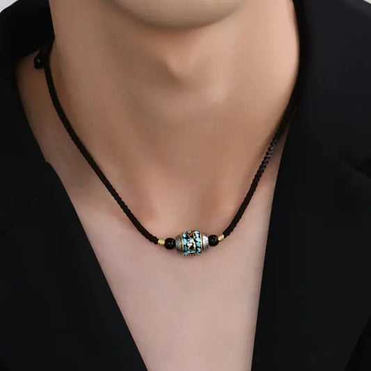 Collier pendentif Lu Lu Tong rotatif en argent 925 rétro tibétain avec mantra à six syllabes | Cordon tressé ajustable