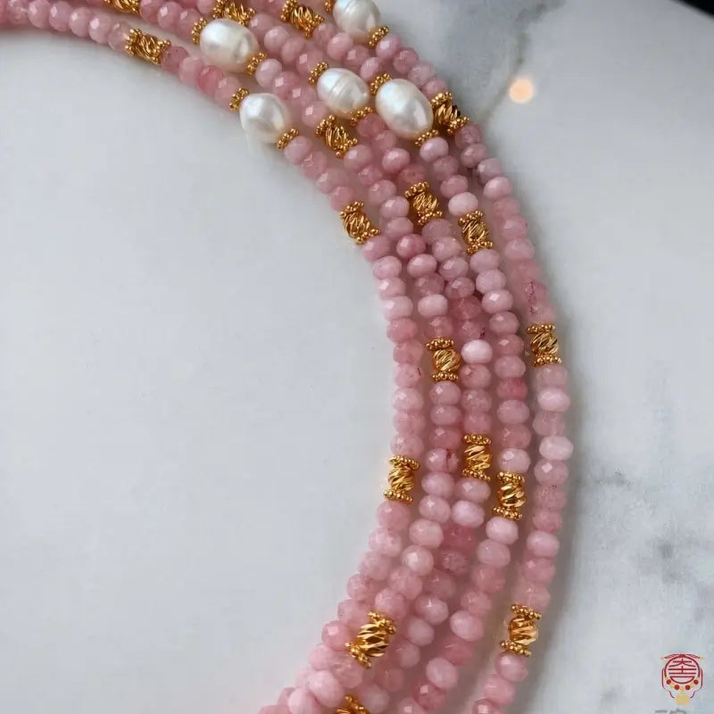 Natural Peach Rhodonite & Freshwater Pearl Necklace & Bracelet Set
