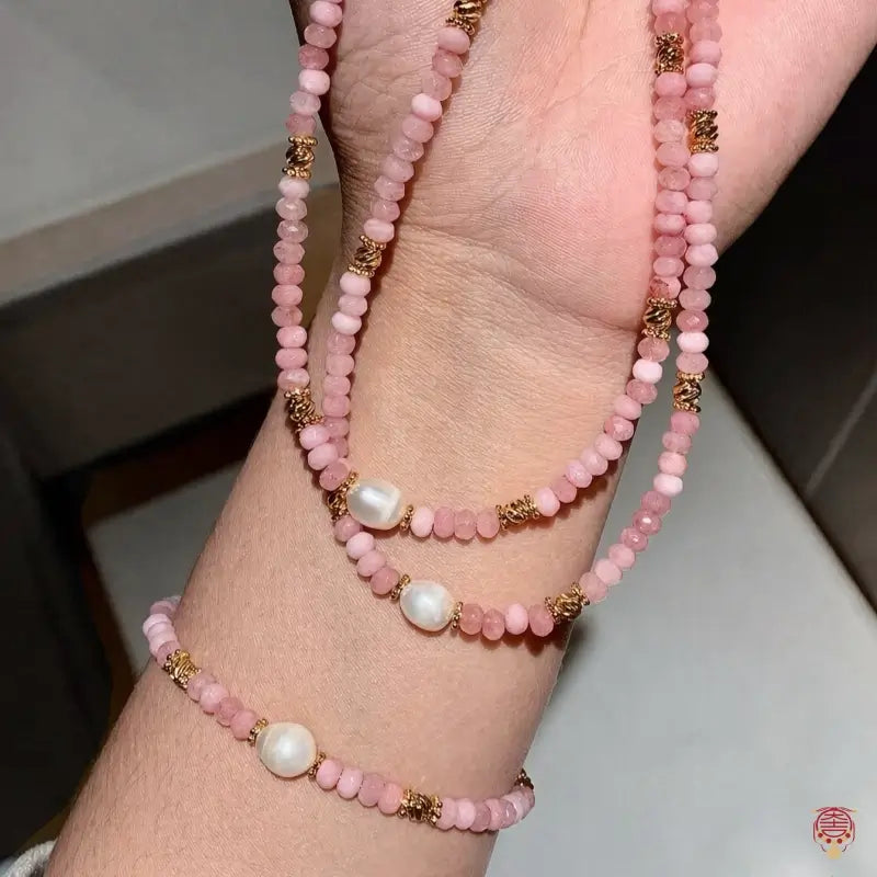 Natural Peach Rhodonite & Freshwater Pearl Necklace & Bracelet Set