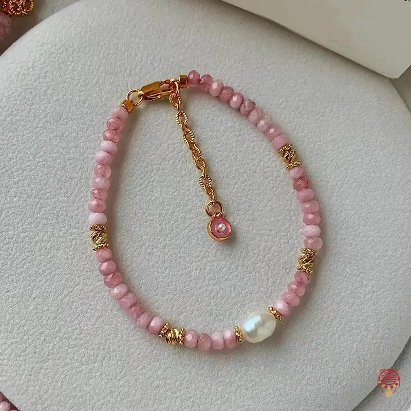 Natural Peach Rhodonite & Freshwater Pearl Necklace & Bracelet Set