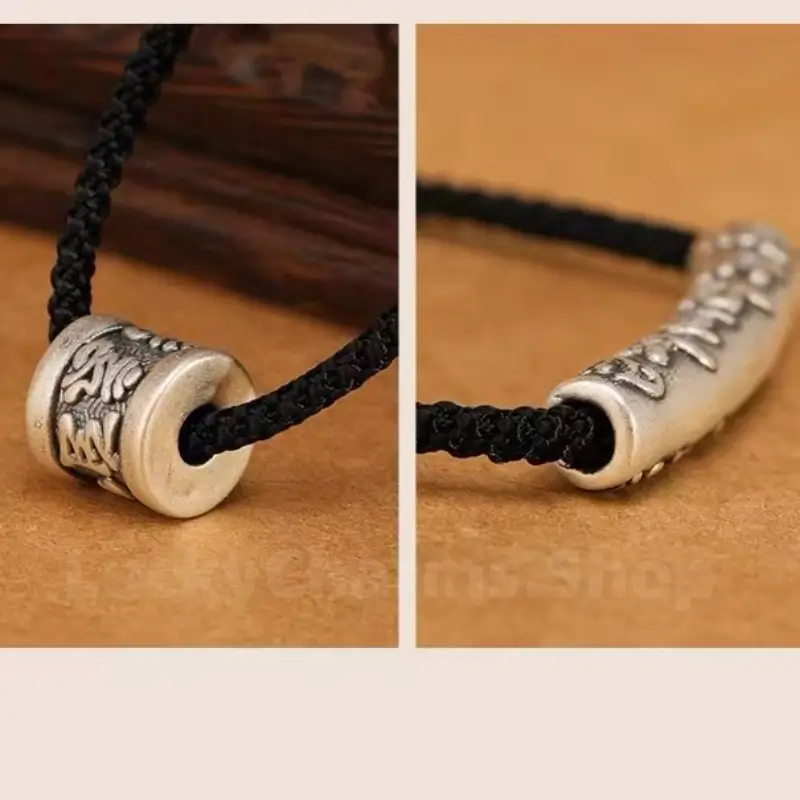 Om Mami Padme Hūm Six-Syllable Mantra Silver Fortune-Turning Bead Pendant Necklace-LuckyCharms.Shop