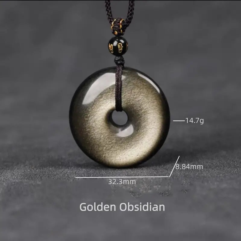 Golden sheen obsidian peace buckle pendant necklace with detailed size and weight measurements.