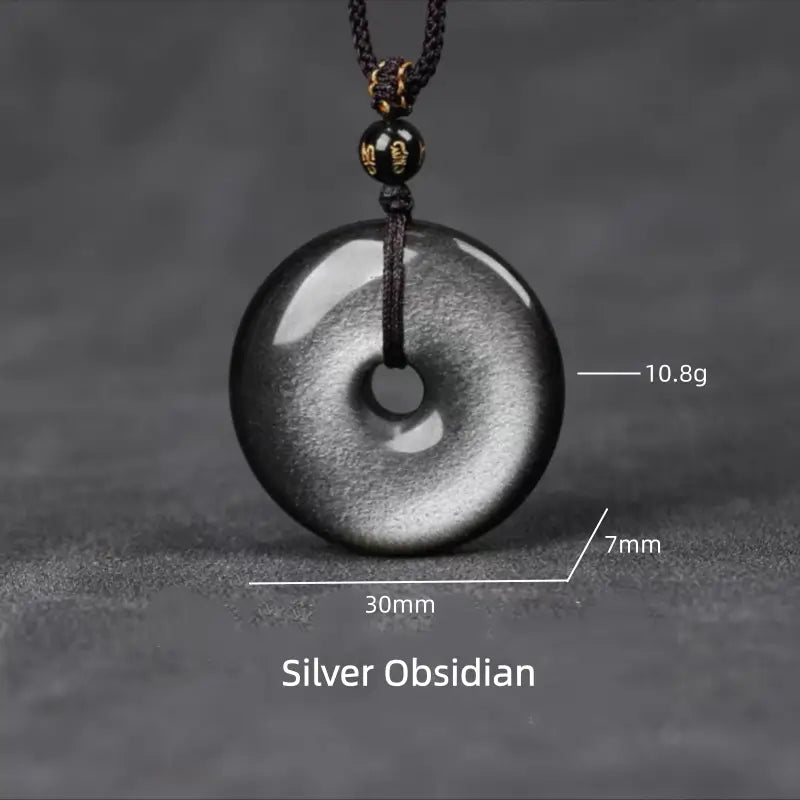 Natural Obsidian Peace Buckle Pendant Necklace | Six-Syllable Mantra Beads, Crystal Energy Amulet