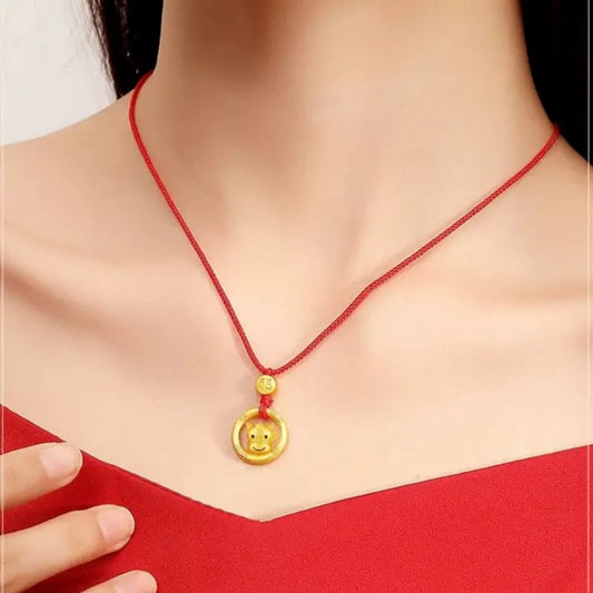 Chinese Zodiac 925 Silver Plated Gold Peace Buckle Pendant Necklace | Blessing Red Cord, Zodiac Year Birthday Gift