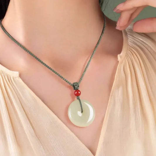 Natural Hetian Jade Peace Buckle Pendant Necklace | Red Agate Bead, Chinese Style Warm Amulet