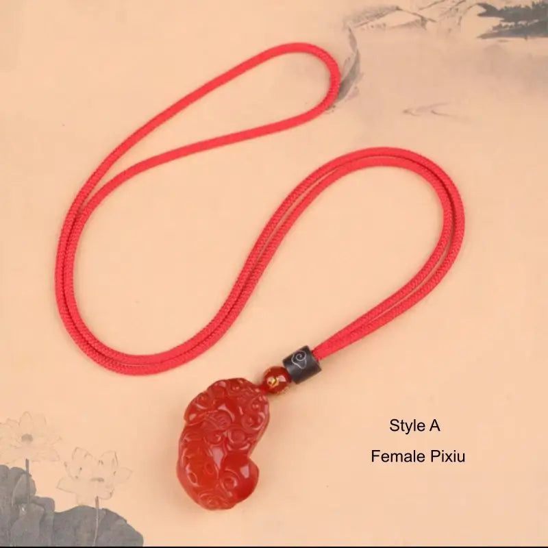 Style A Female Pixiu pendant necklace featuring carved red agate and Six-Word Mantra bead.