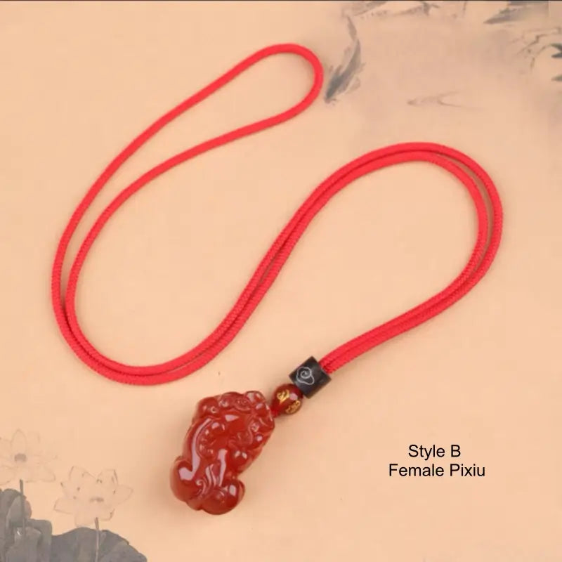 Natural Red Agate Pixiu Pendant Necklace | Six-Syllable Mantra Beads, Adjustable Braided Cord, Gender-Specific-LuckyCharms.Shop