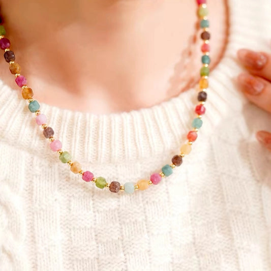 Natural Rainbow Tourmaline Sugar Cube Necklace & Bracelet Set