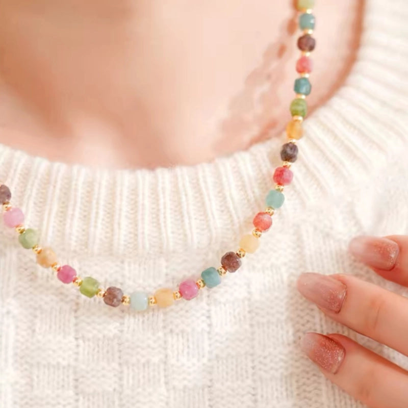 Conjunto de collar y pulsera de turmalina arcoíris natural en forma de cubo de azúcar