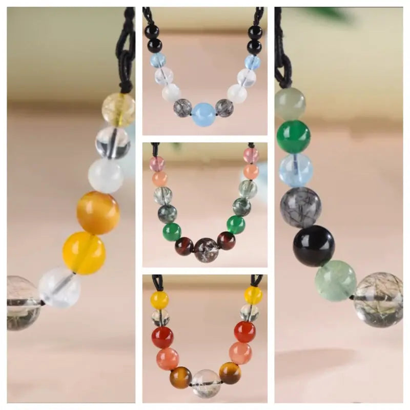 Five Elements natural crystal balance necklaces in multi-color gemstone options displayed in collage layout.