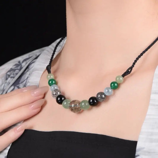 五行天然水晶ネックレス|マルチエレメントバランス、調節可能な手編みコード、ヒーリングエネルギーのお守り
