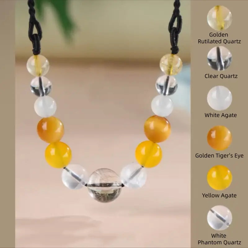 Metal Earth element necklace made with golden rutilated quartz, yellow agate, tiger's eye, and clear quartz.