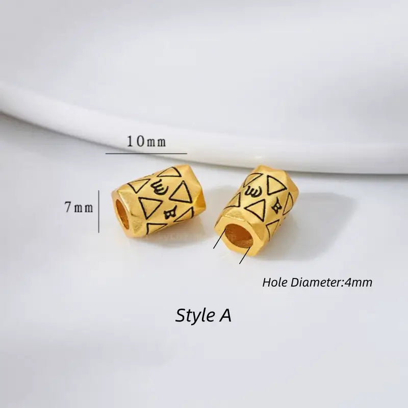 Style A geometric patterned gold-plated barrel bead for DIY jewelry. 10x7mm with 4mm hole.