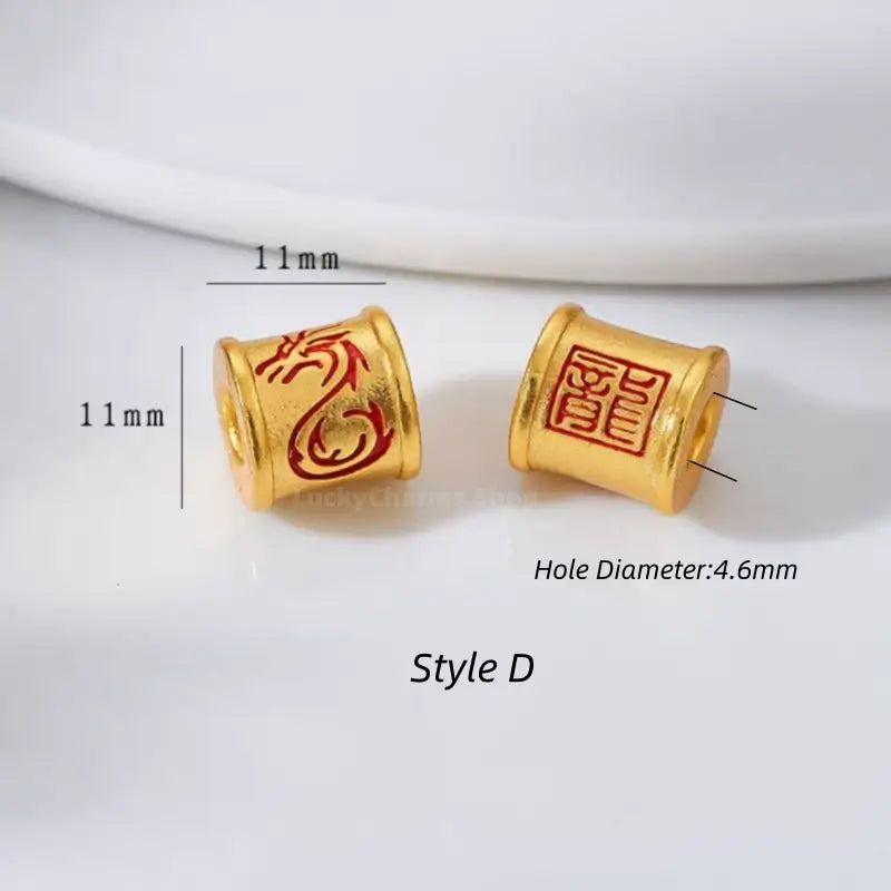 Style D red dragon totem gold-plated barrel bead for DIY jewelry making. 11x11mm with 4.6mm hole.