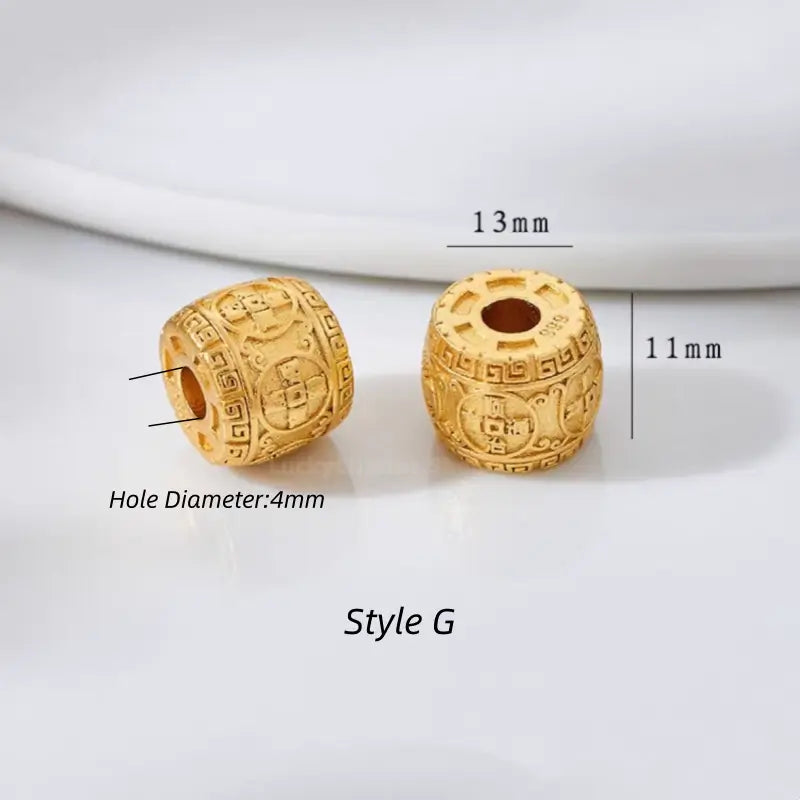 Style G gold-plated fortune coin pattern barrel bead for DIY craft. 13x11mm with 4mm hole.