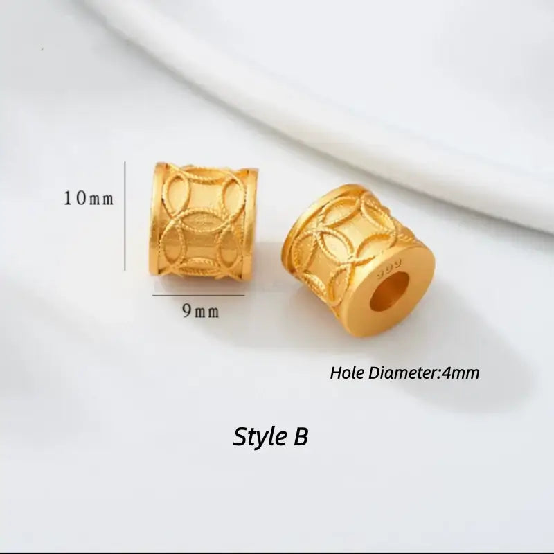 Style B gold-plated barrel bead featuring ancient coin pattern. 9x10mm, 4mm hole.